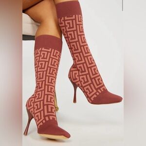 Brown Printed Knee High Boots